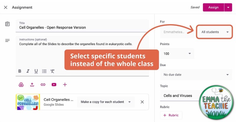 A screenshot showing how to assign Google Slides to specific students using assignments on Google Classroom