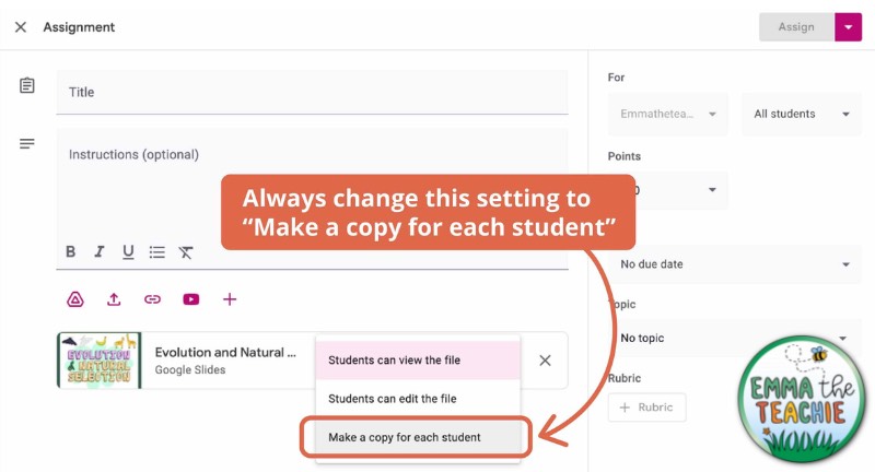 A screenshot of a Google Classroom assignment showing that you can click the drop down menu to make a copy for each student 