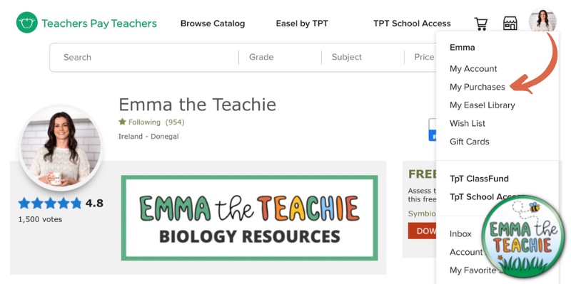 A screenshot from TeachersPayTeachers.com showing that if you click your account icon, it reveals a menu with “My Purchases”.
