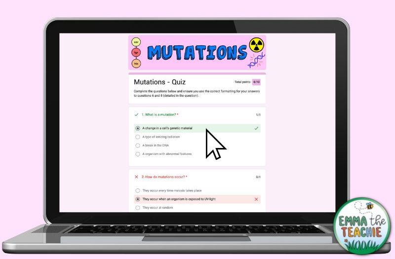 A pink background with a computer showing a screenshot of a portion of a Google Form Quiz about mutations. The screenshot shows a screen with the first question being correct and the second question being incorrect. This is the screen students see when they submit their quiz.