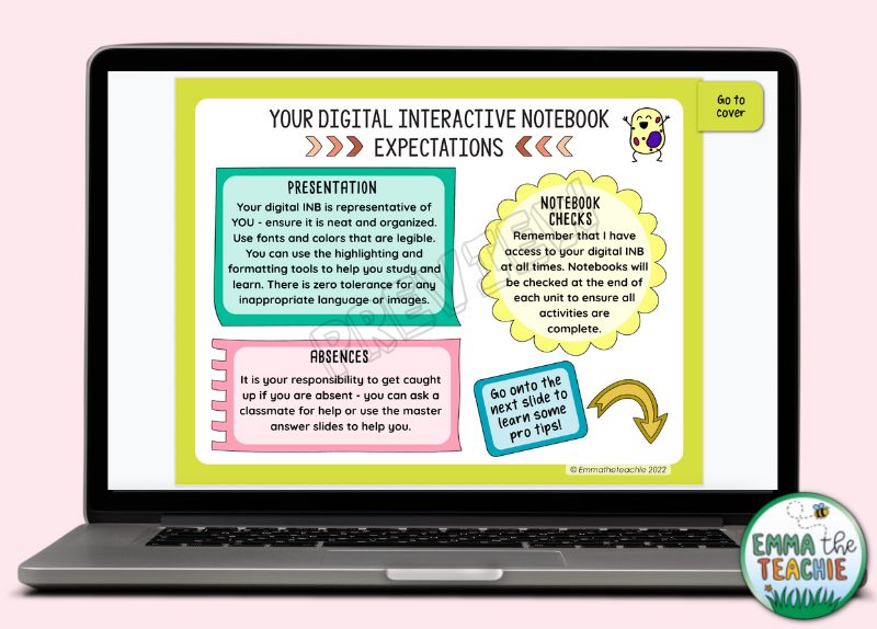 A laptop showing a page describing the expectations for the digital interactive notebook.