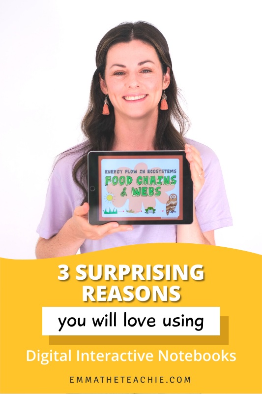 Pin image with a picture of Emma holding an iPad with a Food Chains and Webs digital activity on the top, and writing below that reads, "3 Surprising Reasons You Will Love Using Digital INBs".