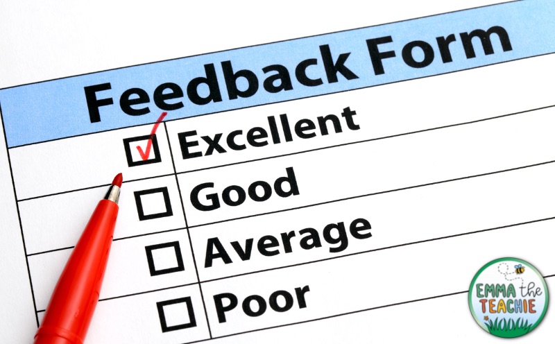 A notepad with “Feedback Form” at the top. There is a red pen that is marked “Excellent.” There are also options that read "good," "average,” and "poor."