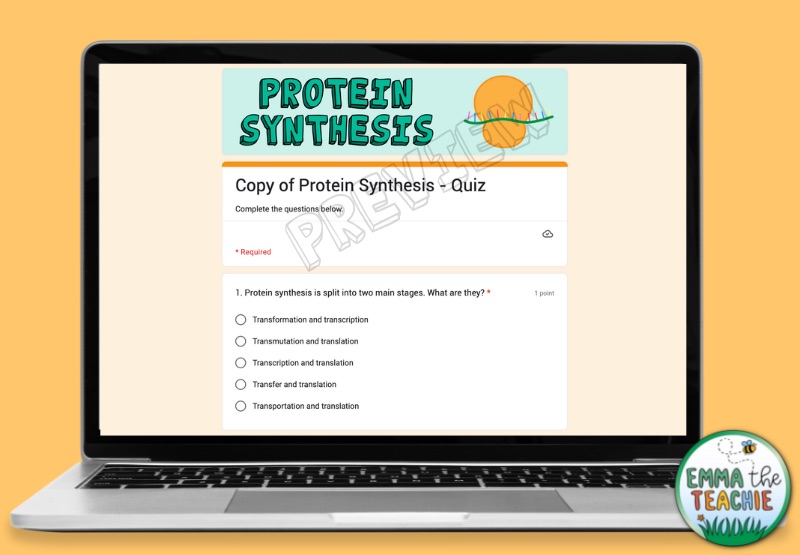 A laptop with a Google Forms Quiz to test student understanding of protein synthesis