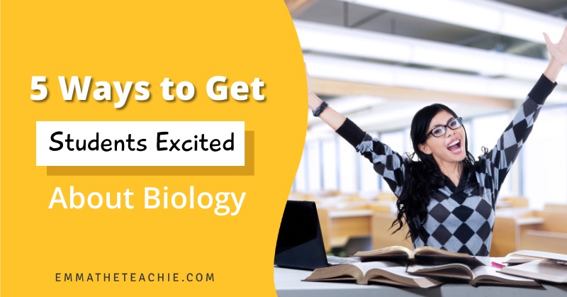 A banner image showing the image of a woman showing excitement on the right side sitting by a bunch of books. On the left side is the text “5 Ways to Get Excited About Biology.”