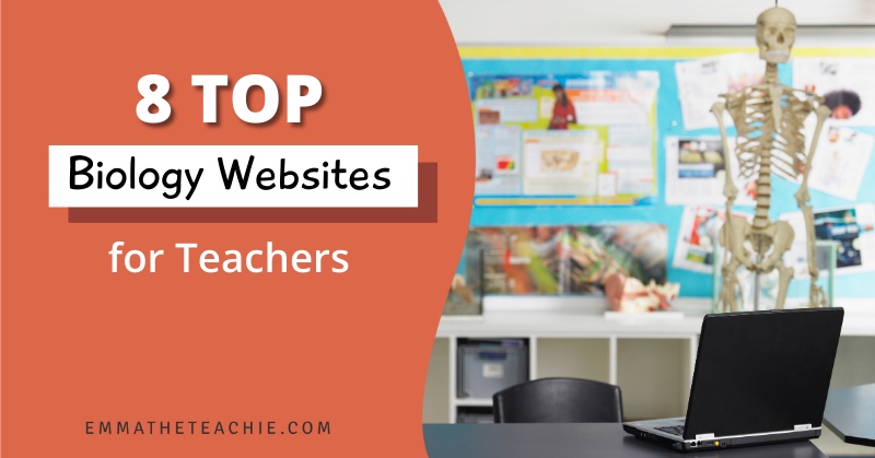 A banner image with a photo of a biology classroom with a laptop on a desk and a model skeleton on the right. On the left, there is a red background and text that reads, “8 Top Biology Websites For Teachers.”