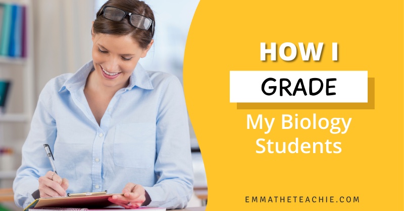 A banner image showing a teacher grading with a clipboard on the left. On the right, there is text that reads, “How I Grade My Biology Students.”