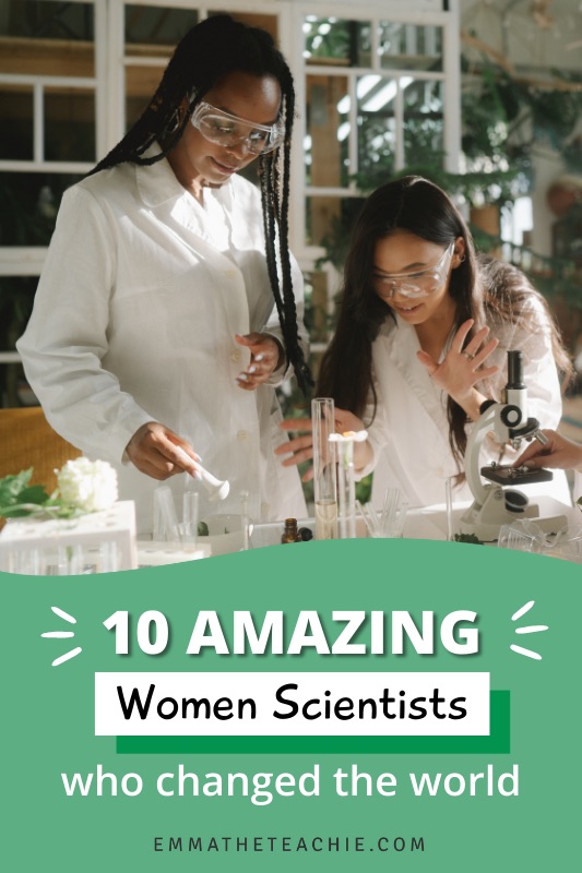 A pin image with a photo of two women scientists working in a lab. On the bottom, there is a green background and text that reads, “10 Amazing Women Scientists Who Changed the World.”