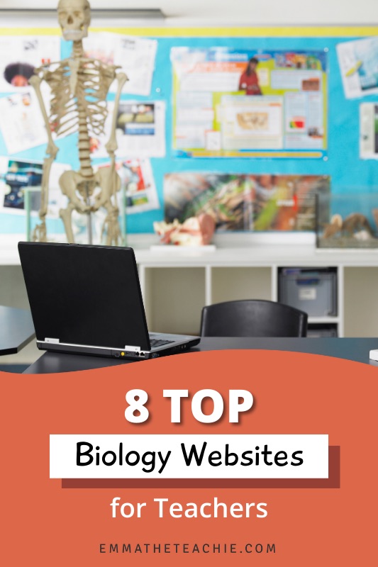 A pin image with a photo of a biology classroom with a laptop on a desk and a model skeleton. On the bottom, there is a red background and text that reads, “8 Top Biology Websites For Teachers.”