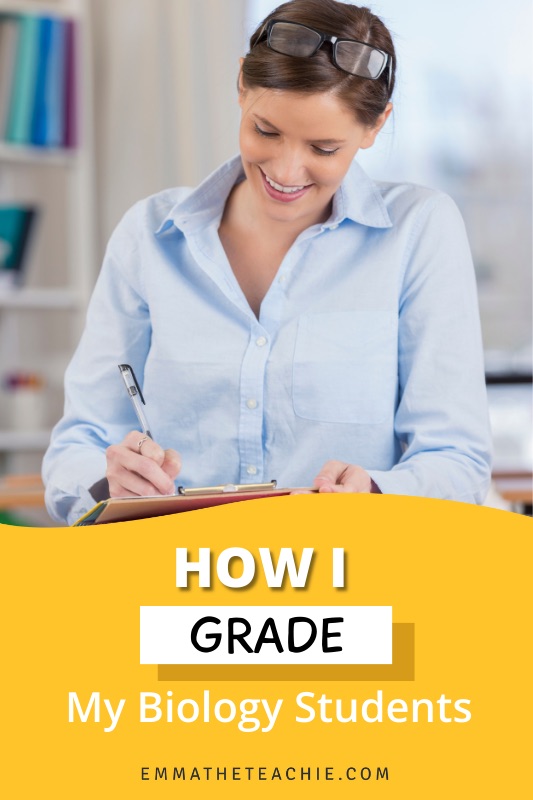 A pin image showing a teacher grading with a clipboard. On the bottom, there is text against a yellow background that reads, “How I Grade My Biology Students.”