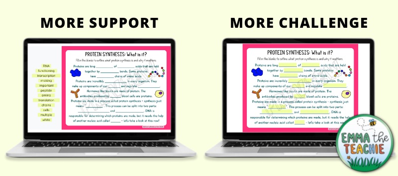 An image with two computers side-by-side. The two computers show differentiated Google Slide activities for Protein Synthesis. The computer on the left shows a screen with drag-and-drop vocabulary words to place within a passage. The computer on the right shows the same passage, but students need to type in the words.