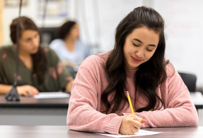 An engaged student taking notes in class. She has long dark hair and is wearing a pink knitted sweater.