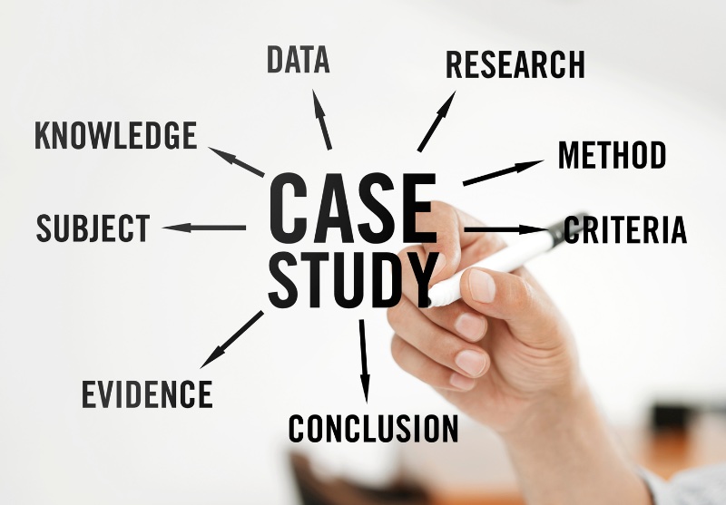 An image showing a word web for the phrase “Case Study.” Case Study is in the middle and associated words are around it, with a hand writing them.