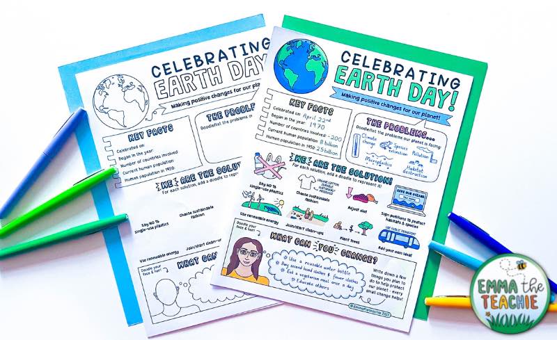 A photograph of a set of Earth Day Doodle Notes against colored card. There are colored pens around the notes. The set on top are completed with doodles, while the set below is blank.