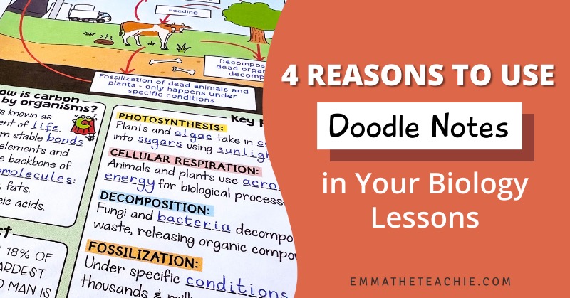 A banner image with a completed set of biogeochemical Doodle Notes on the left. On the right, there is writing that reads, “4 Reasons to Use Doodle Notes in Your Biology Lessons.”