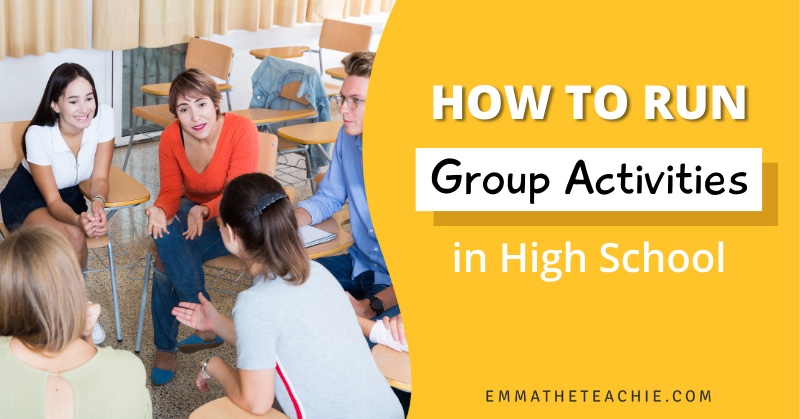 A banner image with a group of people working together in a circle on the left. On the right, there is writing that reads, “How to Run Group Activities in High School.”