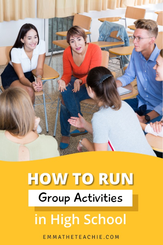 A pin-sized image with a group of people working together in a circle on the top. On the bottom, there is writing that reads, “How to Run Group Activities in High School.”