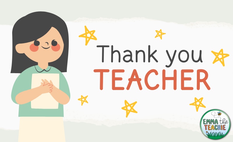 A graphic of a girl holding a paper while looking at text that reads, "Thank you teacher". There are yellow stars around the text.