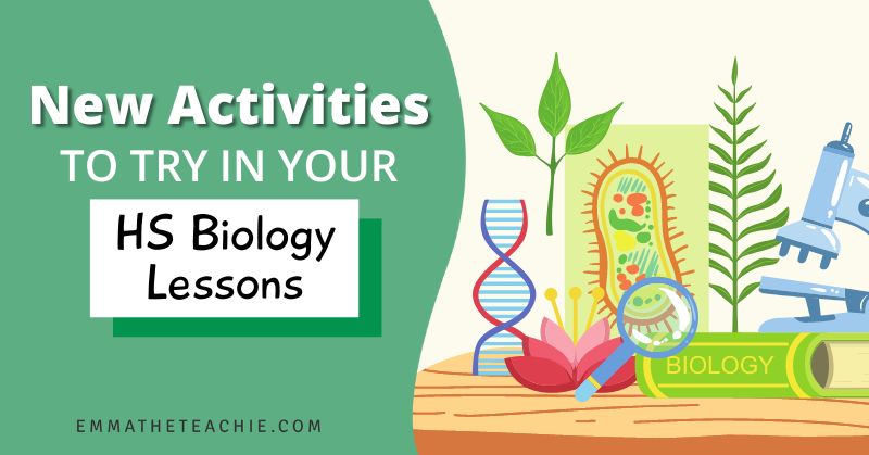 A banner image with writing on the left that reads, “New Activities to Try in Your High School Biology Lessons This Year.” On the right, there are various Biology-related items, such as a double helix, a flower, a picture of a bacterium, a microscope, and some plants..