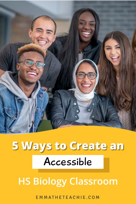 A banner image with writing on the bottom that reads, “6 Ways to Create an Accessible High School Biology Classroom.” On the top, there is an image of 5 high school students, which are of different ethnicities and races.