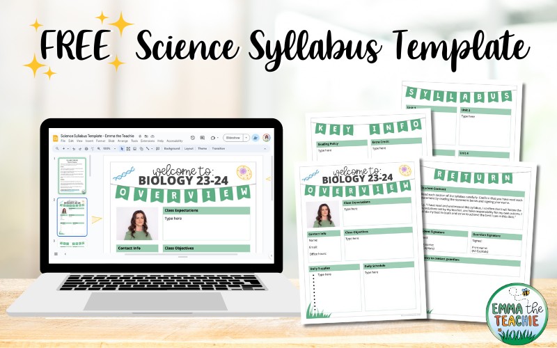 A laptop on a desk shows part of the editable science syllabus template by Emma the Teachie. Beside the laptop, the four pages of the syllabus are shown. Heading text at the top reads, "Free Science Syllabus Template".