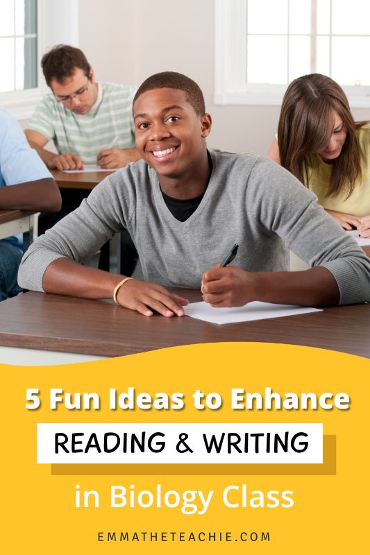 A pin image with writing on the bottom that reads, “5 Fun Ideas to Enhance Reading and Writing in Biology Class.” On the right, there is an image of a student completing a writing activity and smiling.
