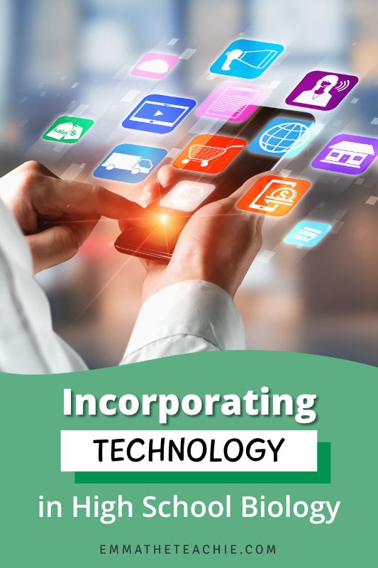 A pin image with writing on the bottom that reads, “Incorporating Technology in High School Biology.” On the left, there is an image of hand holding a smartphone with multiple apps coming off the screen