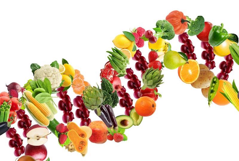 An image of fruits and vegetables making up the DNA double helix structure.