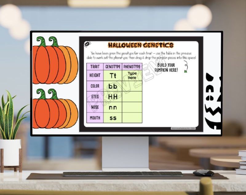 An image of computer on a desk with the Halloween Genetics slideshow open. The screen shows students building their own jack-o-lantern with genotypes and phenotypes.