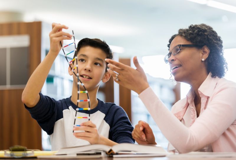 Structure of DNA activities include creating a model double helix. This image shows a boy holding a model double helix, with his teacher sat beside him discussing it.